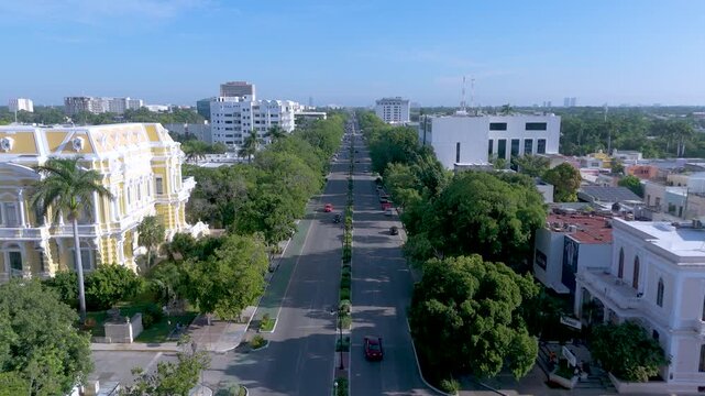 An aerial perspective captures the structural layout of the iconic Montejo Avenue, a prominent historical boulevard in Merida Mexico.