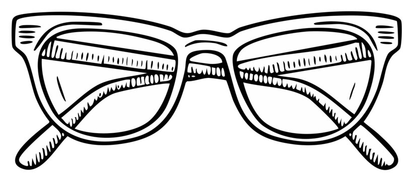 Hand Drawn Black and White Sketch of Vintage Eyeglasses with Thick Frames
