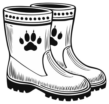 Illustration of a pair of rain boots featuring paw prints