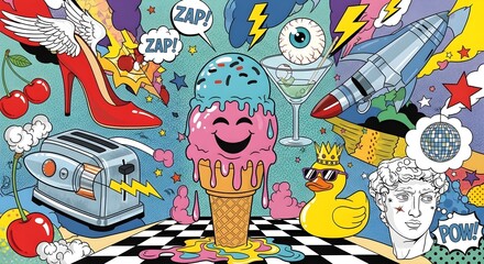Obraz premium Vibrant collage mixing glossy materials with ice cream and quirky objects