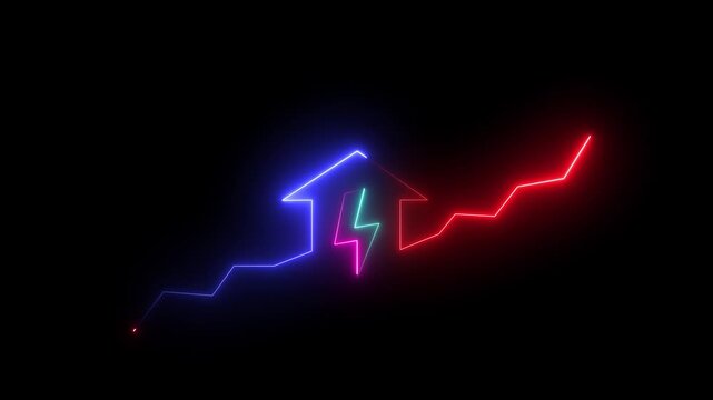 Neon arrow with lightning bolt and rising graph on black background.