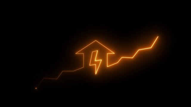 Neon arrow with lightning bolt and rising graph on black background.