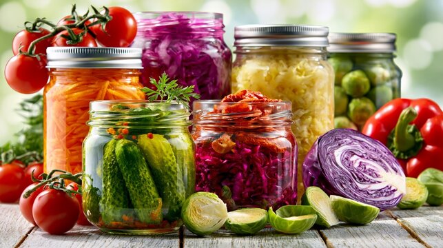 Colorful assortment of preserved vegetables in glass jars including tomatoes, pickles, and cabbage displayed on a wooden surface with a blurred green background