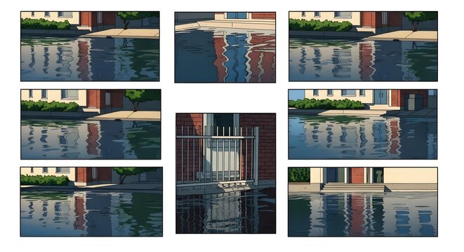 Upscale 260 A structured composition of a large building with a pond