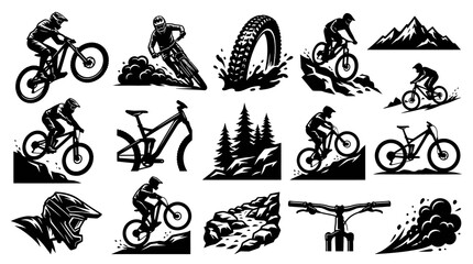 Obraz premium Black and White Vector Icons of Mountain Bikers and Bikes, Extreme Sports