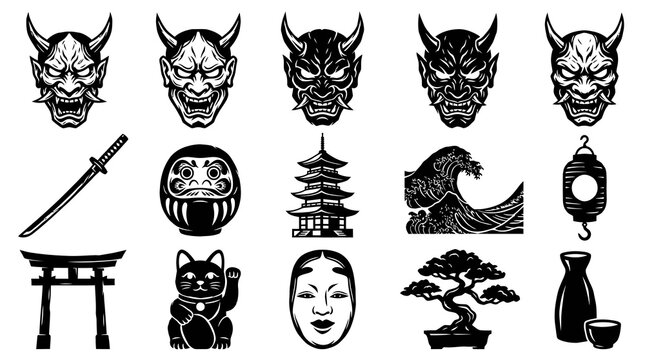Japanese Oni Masks, Katana, Daruma, Pagoda, Wave, Lantern, Cat, Face, Tree, Vase