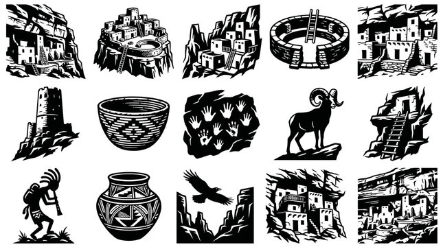 Black and White Native American Cliff Dwellings, Pottery, and Ram Icon Set