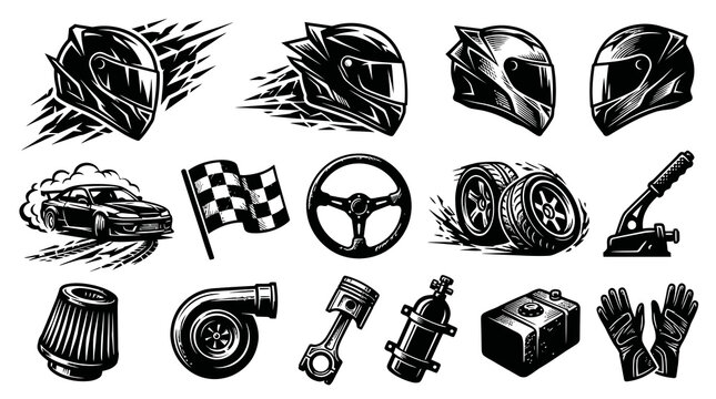 Automotive Racing  Drifting Components Vector Icons Set in Black  White Detailed Line Art Style