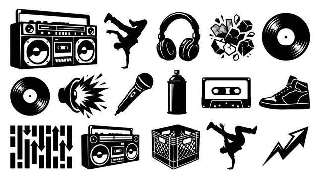 Black and White Glyph Vector Icons Set: Hip Hop Music, Breakdance, Urban Culture  Street Art Elements