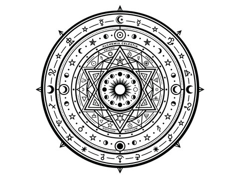 Intricate Alchemical Celestial Sigil Mandala with Sacred Geometry, Zodiac Symbols, and Mystical Moon Phases on White Background