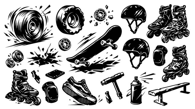 Black and White Vector Illustration of Skateboarding and Rollerblading Gear, Action Sports