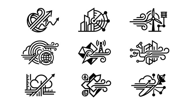 A collection of nine black and white line art icons depicting various concepts related to technology, communication, renewable energy, smart cities, and global networks.
