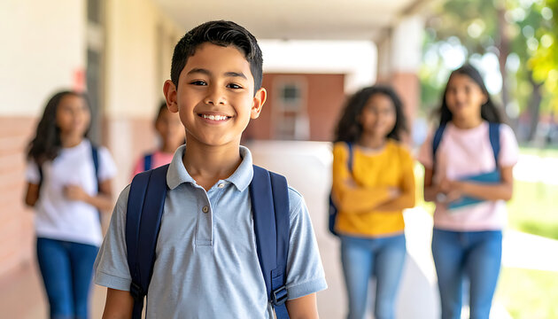Smiling young boy with backpack walking in school hallway with friends behind, education concept