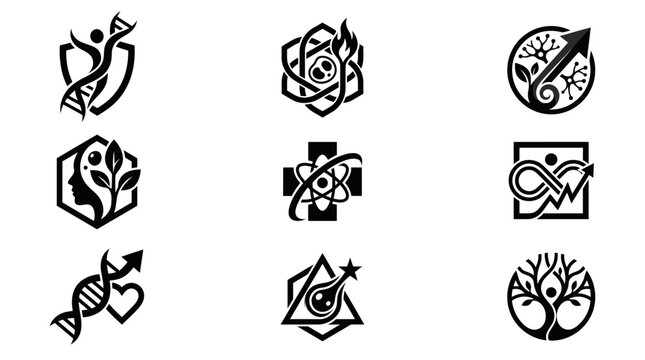 A collection of nine black and white abstract logos representing concepts of science, health, nature, and progress, featuring DNA, atoms, trees, and human figures.