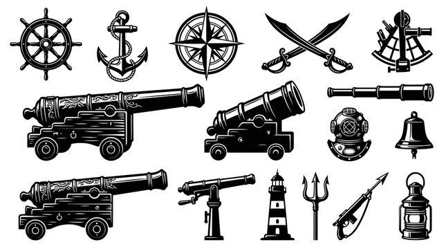 Nautical Symbols Set: Black  White Vector Icons for Maritime and Adventure Themes