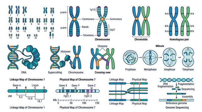 Detailed human genetics chromosomes and DNA structure diagrams set.