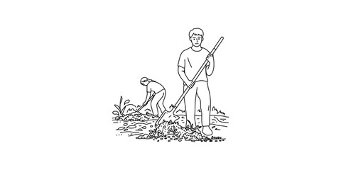 Obraz premium Two people digging and working in a garden with shovels, one standing and one bending