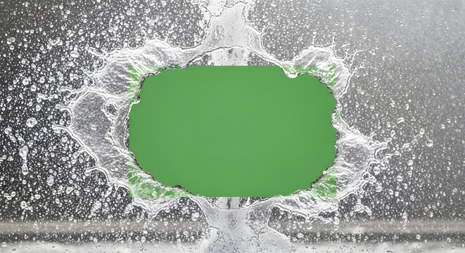 Water mist and spray erupting around green screen on a wet surface