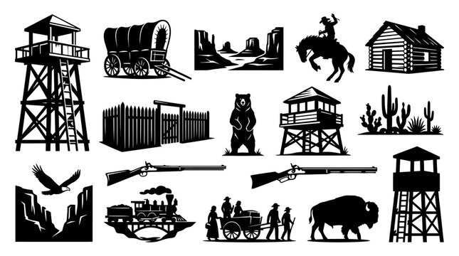 Wild West Silhouette Vector Icons: Cowboy, Wagon, Train, Buffalo, Bear, Fort