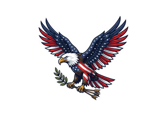 Fototapeta premium American bald eagle with wings spread holding olive branch and arrows red white blue png on transparent background
