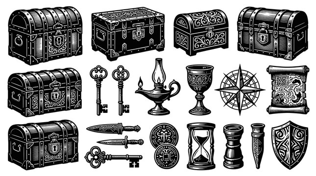 Black and White Vector Illustration of Antique Treasure Chests, Keys, and Pirate Gear