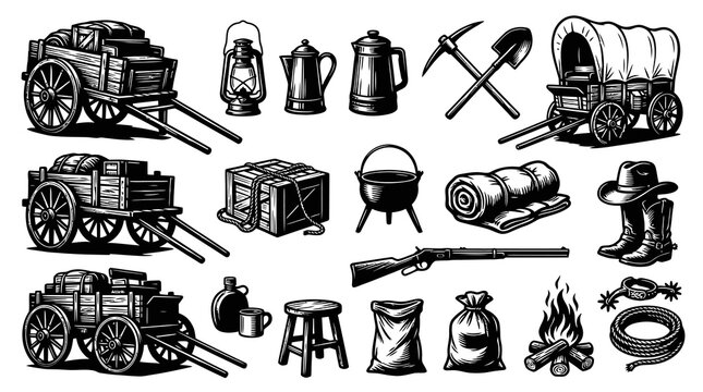 Vintage Old West Pioneer Frontier Vector Set - Black and White Engraving Line Art Western Objects Collection