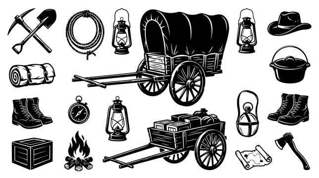 Western Pioneer Frontier Adventure Equipment Vector Set in Black and White Engraved Style