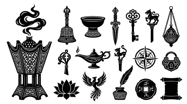 Fantasy and Mystical Black and White Glyph Icons Set: Ancient Symbols, Magic Items  Spiritual Emblems