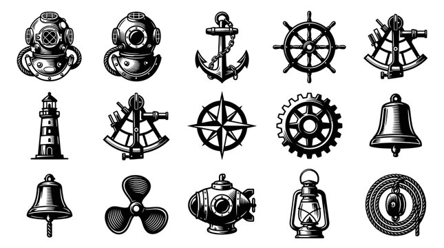 Vintage Nautical Elements Collection: Marine Icons, Diving Equipment, and Ship Parts in Black  White Line Art Style