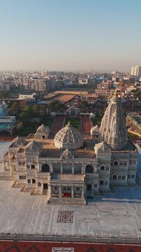 Aerial Drone Shot of Prem Mandir in Daylight, Vrindavan, Mathura, India
