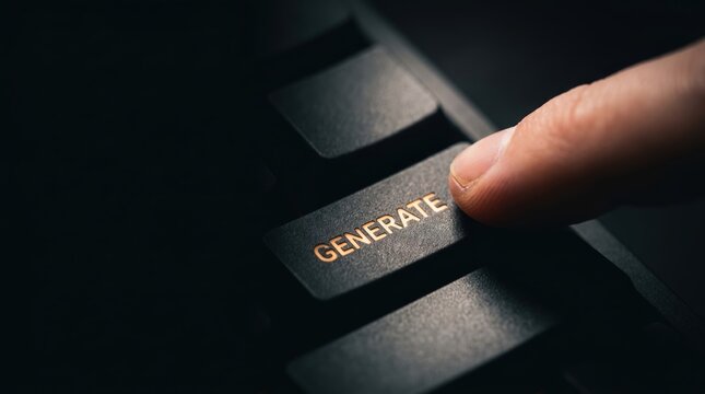 AI generate button enter key being pressed by a finger, activating artificial intelligence technology, modern cinematic style