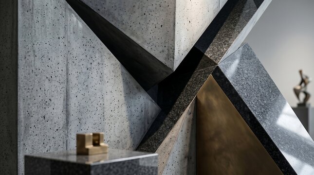 Abstract architectural background with concrete and brass polygons