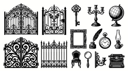 Fototapeta premium Vintage Antique Objects Vector Set - Gates, Key, Candlestick, Globe, Frame, Quill, Clock, Lamp, Chair, Magnifying Glass, Typewriter