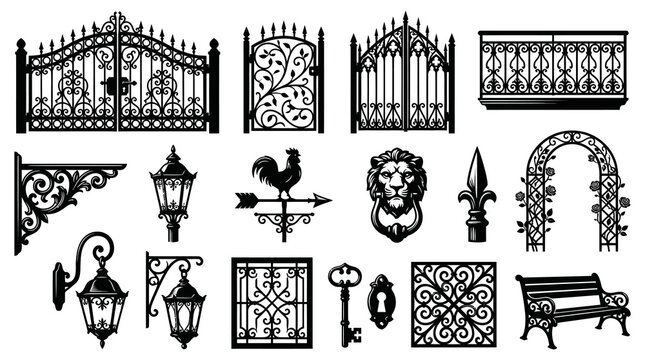 Black  White Wrought Iron Elements: Gates, Lamps, Balcony, Bench, Arch, Key, Lion