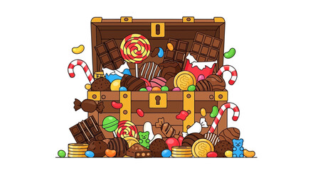 Treasure Chest Overflowing with Chocolate Candies, Lollipops, and Gummy Bears © Pratama
