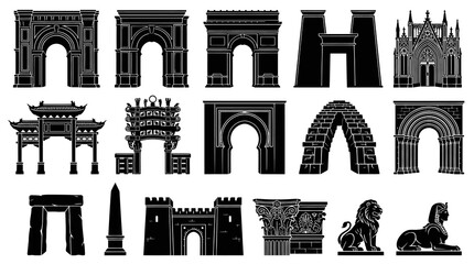 Obraz premium Global Architectural Landmarks Black and White Glyphs: Ancient Wonders, Triumphal Arches, and Historical Gates Icon Set