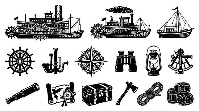Vintage Nautical  Adventure Exploration Icons Set - Black  White Silhouette Glyphs Collection