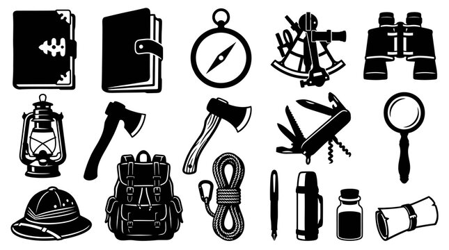 Outdoor Adventure Exploration Gear Glyph Icons Set. Black  White Camping, Travel Tools.
