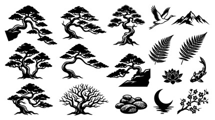 Fototapeta premium Japanese Asian Nature Symbols Vector Glyphs Set: Bonsai Trees, Crane, Koi, Lotus, Zen Stones, Cherry Blossoms