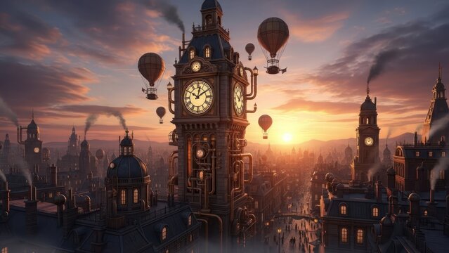 Steampunk cityscape with clock tower and hot air balloons at sunset