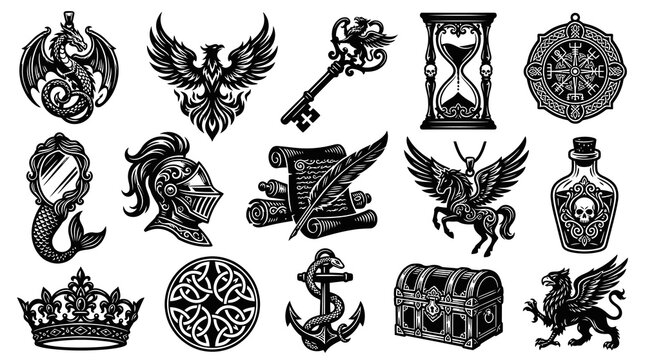 Vintage Fantasy Icons: Dragon, Phoenix, Knight, Pegasos, Siren, Anchor, Treasure Chest, Crown, Clock