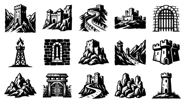 Black  White Vector Icons of Medieval Castles and Fortifications