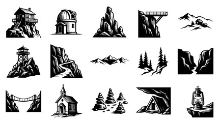Obraz premium Black and White Vector Icons of Mountain Landscape and Structures for Travel