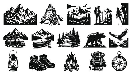 Fototapeta premium Outdoor Adventure and Camping Vector Illustration Set - Monochrome Nature, Hiking, and Wilderness Elements