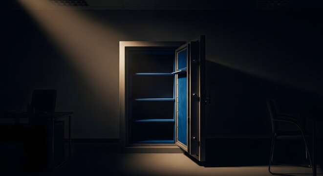 Illuminated safe opened in a dark room, revealing empty shelves and a spotlight