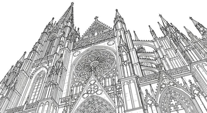 Intricate Gothic Cathedral Architecture Line Art Drawing. Detailed Historic Medieval Church Building with Spires and Rose Window Illustration