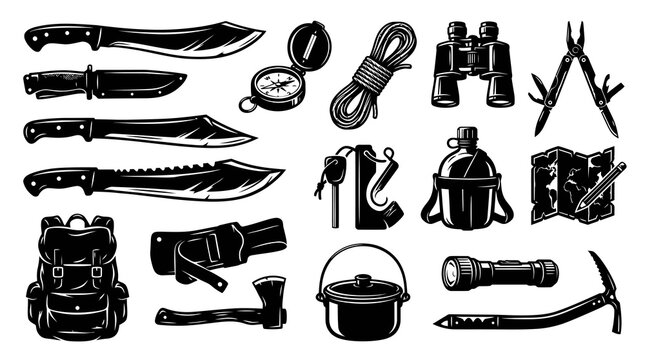 Black and White Vector Illustration of Camping Gear and Survival Tools