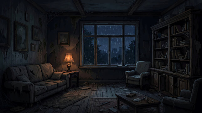 Cozy Dark Pixel Art Living Room Interior at Night, Retro Video Game Background with Warm Lighting, Rainy Window and Detailed Pixel Environment