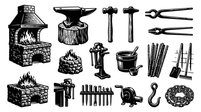 Blacksmithing Forging Tools and Equipment Icons Set in Vintage Engraved Black and White Line Art