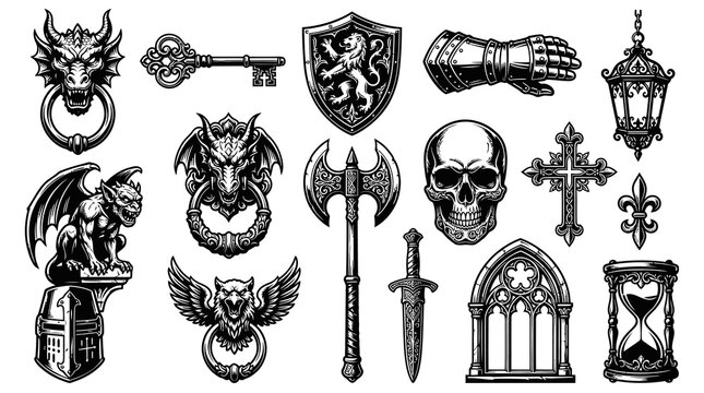 Gothic Medieval Vector Icons: Dragon, Skull, Axe, Cross, Lantern, Key, Armor